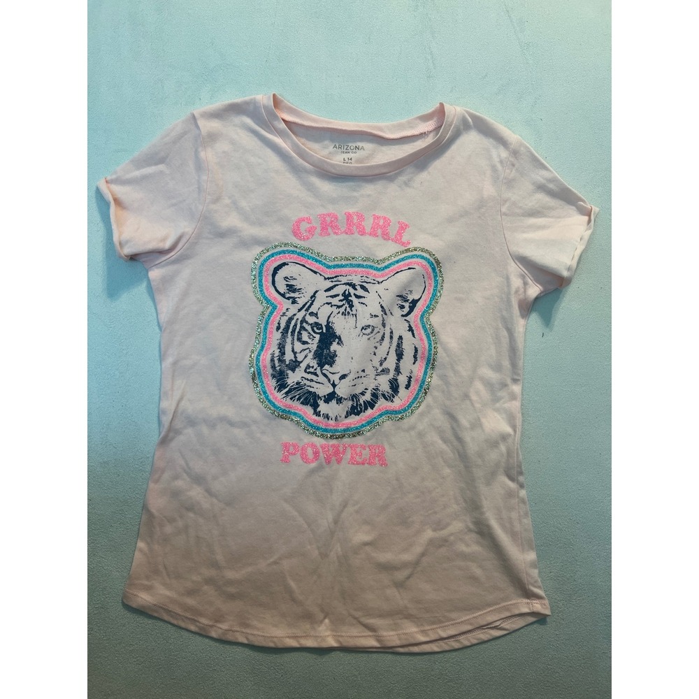 Arizona Jean Co Girls Pink Grrrl Power Tiger Graphic Tee Shirt Size L 14